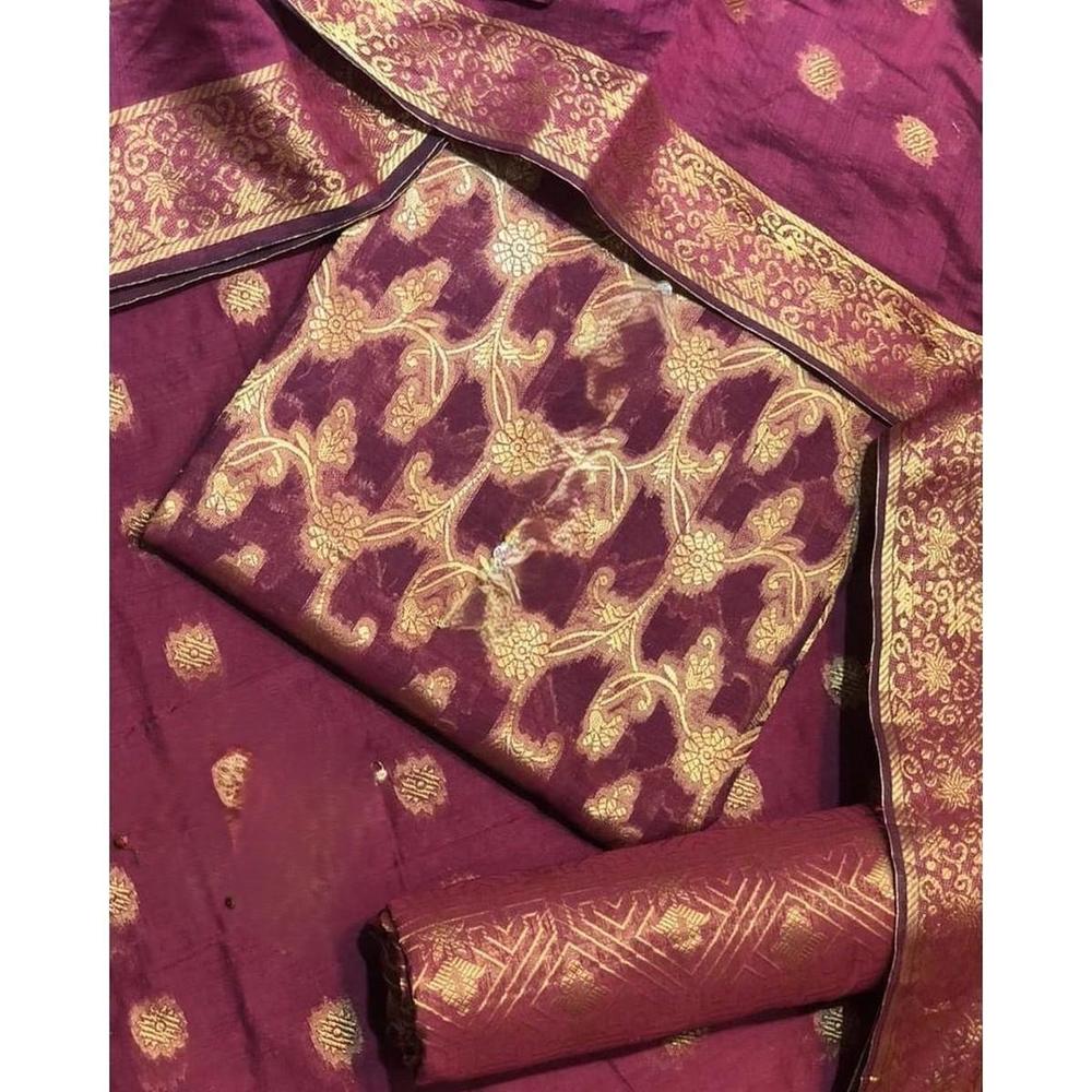 Maroon Cotton Jacquard 3-Piece Suit for Women