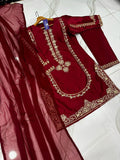 Maroon Sequin Embroidered 3-Piece Shamoz Silk Suit for Women