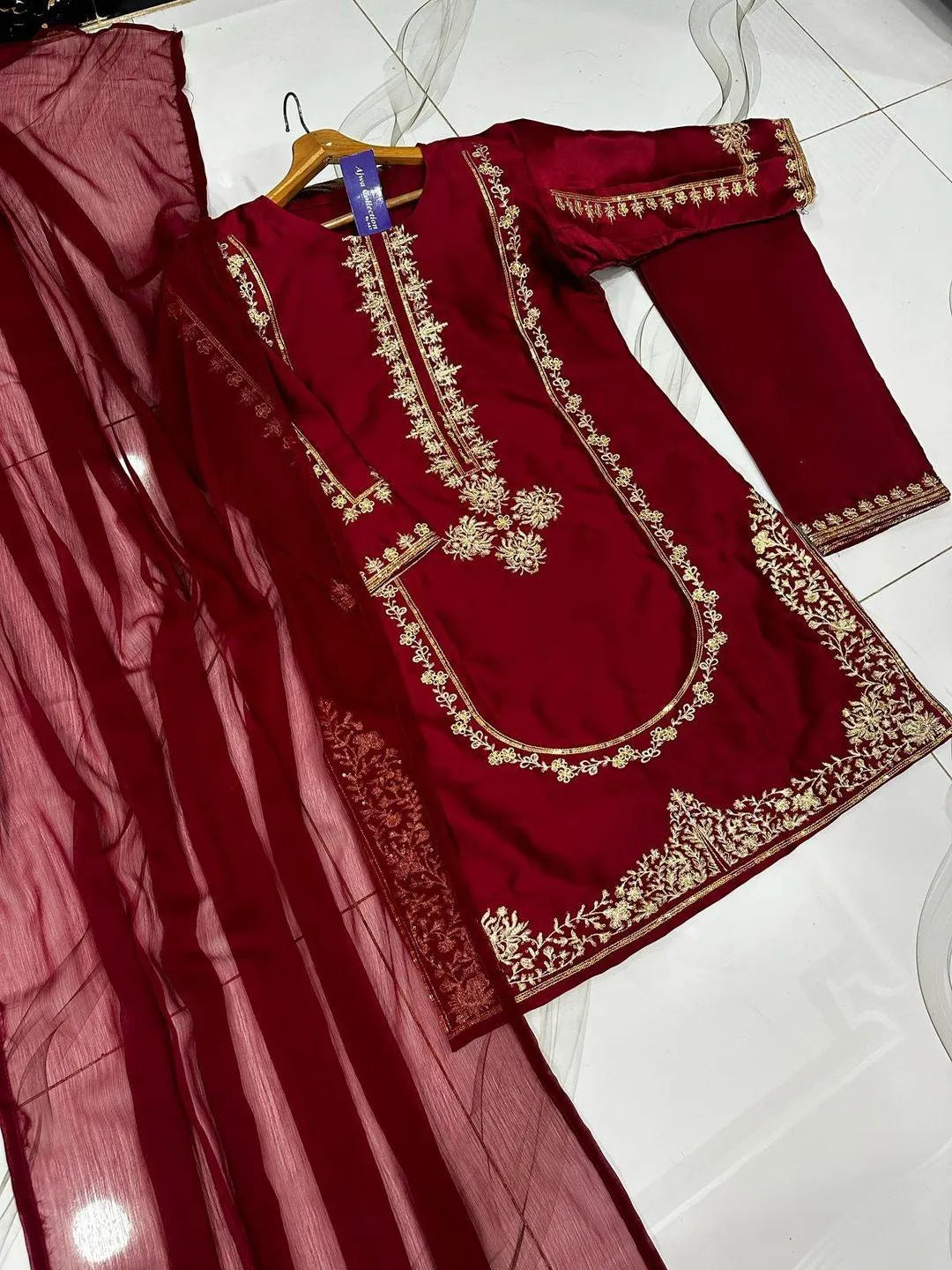 Maroon Sequin Embroidered 3-Piece Shamoz Silk Suit for Women