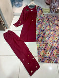 3 Pcs Women's Stitched Dobby Lawn Sheesha Work Suit