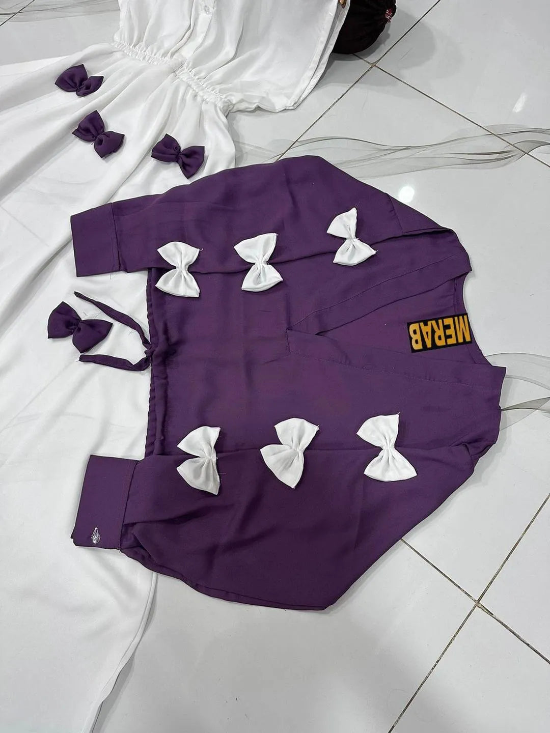 Purple Georgette Bow Top With White Maxi Long Flare 2Pcs