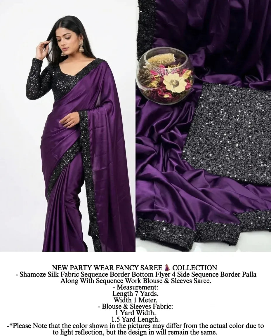 Purple Shamoz Silk Sequence Border Saree Set for Women