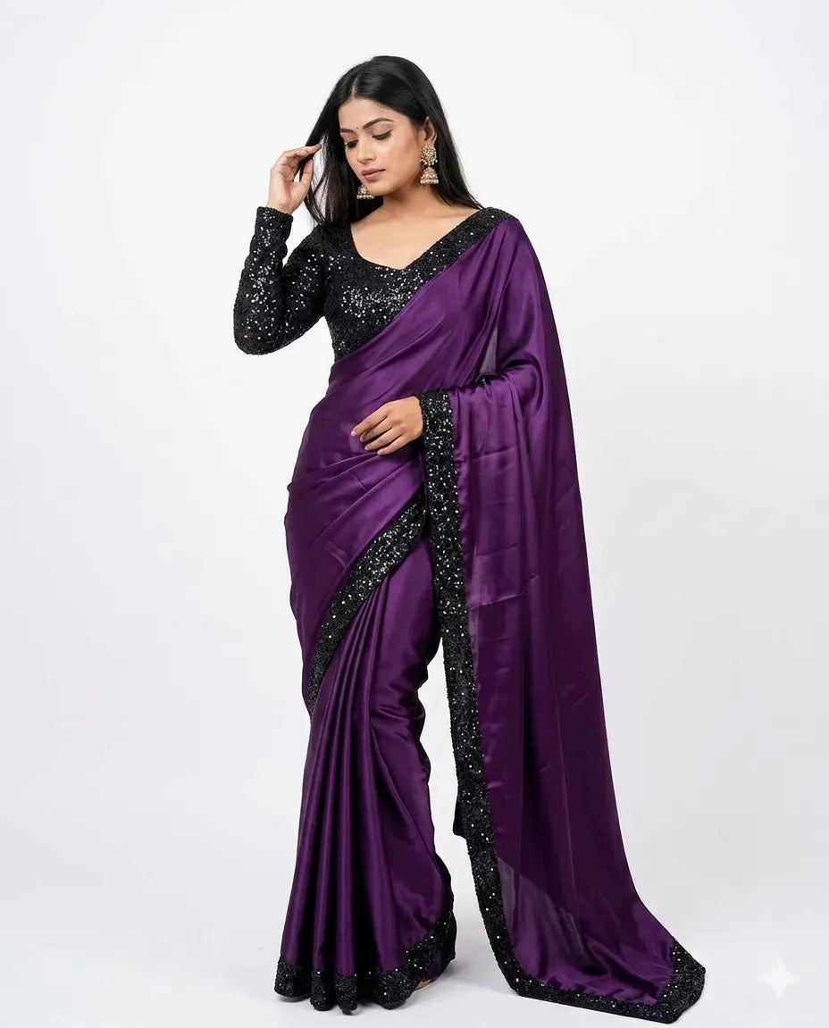Purple Shamoz Silk Sequence Border Saree Set for Women