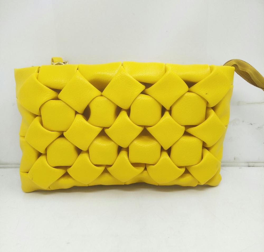 Yellow Woven Handbag with Rhinestones & Adjustable Strap