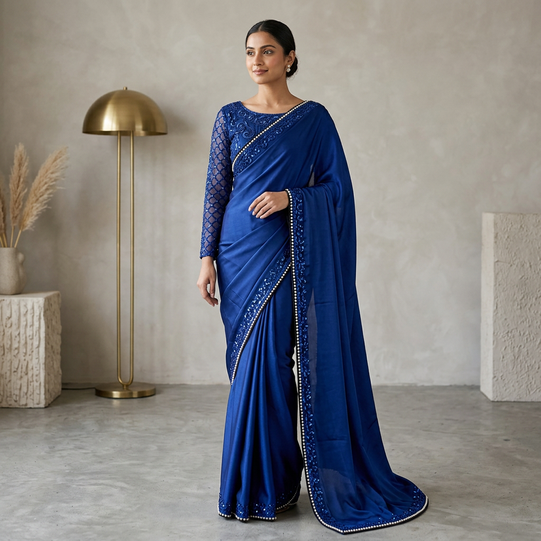 Blue Sequin Shamoz Silk Saree with Pearl Embroidery