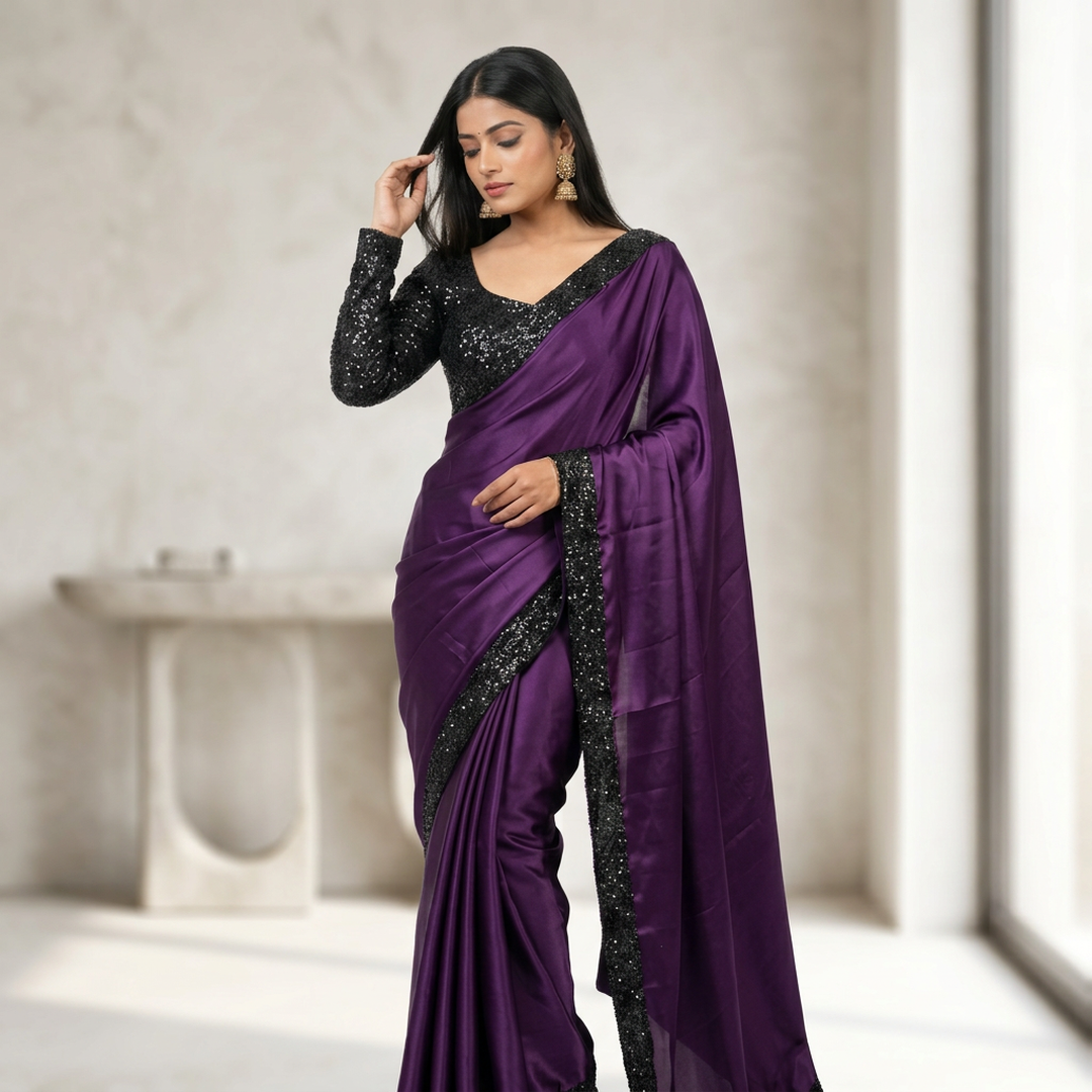 Purple Shamoz Silk Sequence Border Saree Set for Women